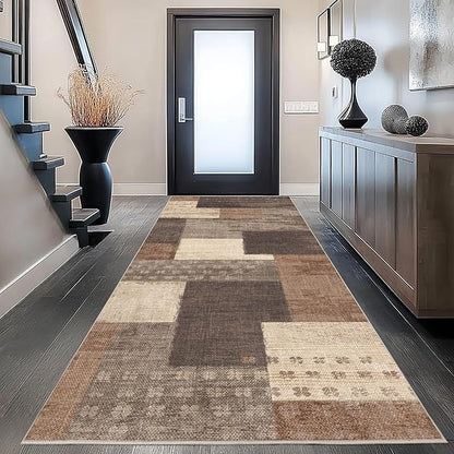 Modern Geometric Patchwork Indoor Runner Rug for Living Room, Beige 2.7'x 8' Large Rug Rockwood Collection Hardwood Floors Decor for Bedroom, Beige Throw Carpet for Office Entryway Dining Room
