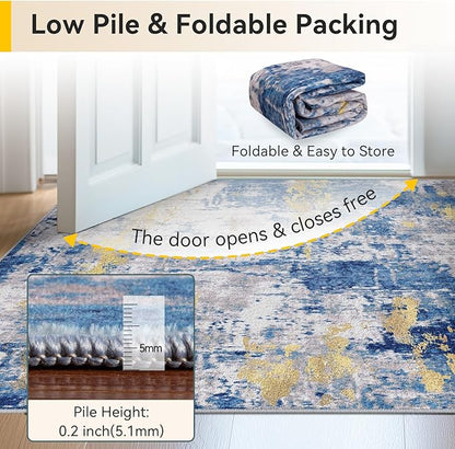 Washable Area Rugs 4'x6' Non-Slip Modern Abstract Soft for Living Room Entryway Bedroom Nursery, Print Pattern, Grey Blue Gold/Golden