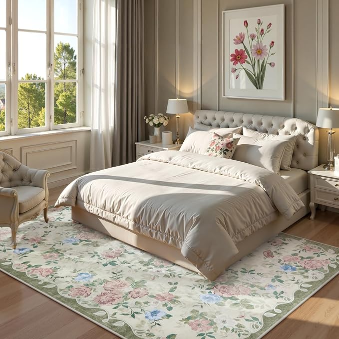 Lahome Floral Washable 5x7 Rug, Boho Area Rug for Bedroom,Vintage Living Room Rugs Non Slip Low Pile Ultra-Thin Large Carpet for Farmhouse,Dining Room,Kids Playroom(5'X7',Cream/Green)