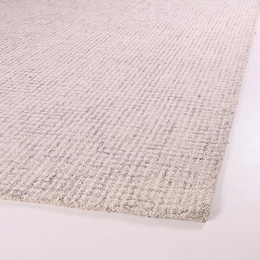 Hand-Tufted 100% Wool Pile Area Rug – Geometric Textured Grid Check Pattern – Thick and Durable Floor Carpet for Bedroom, Living Room, Kids Room, and Dining Area (Ivory Grey, 8' Round)