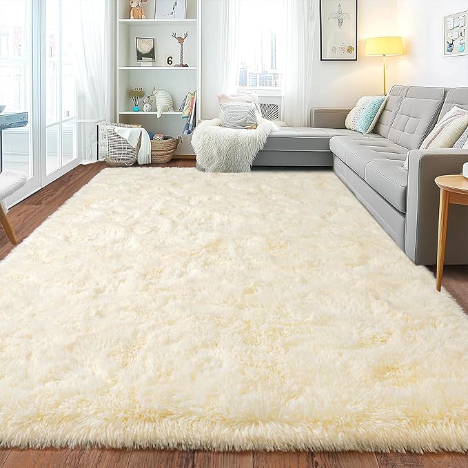 Extra Large Fuzzy Rug Fluffy Rug for Living Room, Big Plush Non-Slip Shag Carpet, Soft Shaggy Rugs for Bedroom Indoor Modern Home Decor Light Champagne 9x12ft