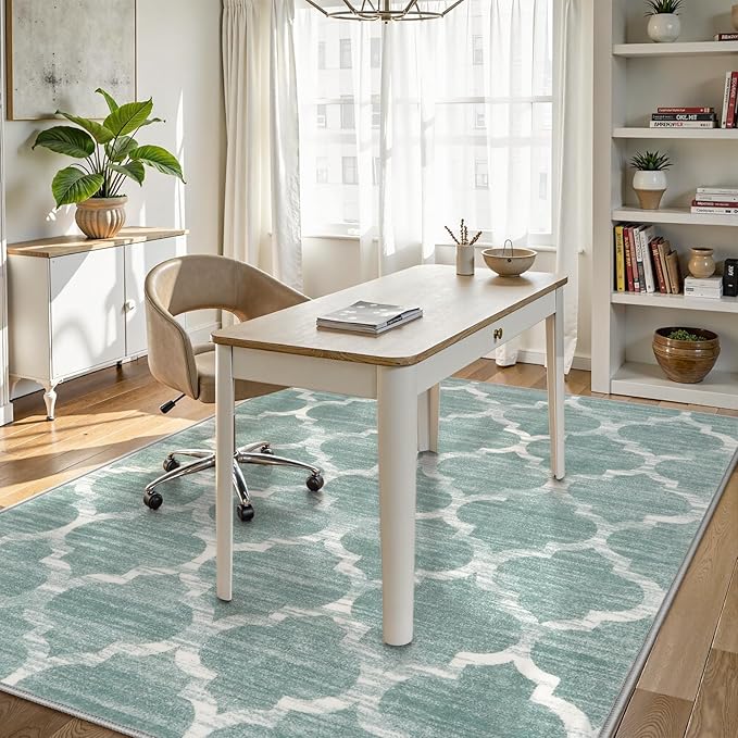 Lahome Moroccan Washable Living Room Carpet - Area Rug 4x6 Entryway Rug Non-Slip Soft Large Rugs for Bedroom Throw Low-Pile, Sage Green Print Distressed Modern Rug for Office Kitchen Dorm Entryway