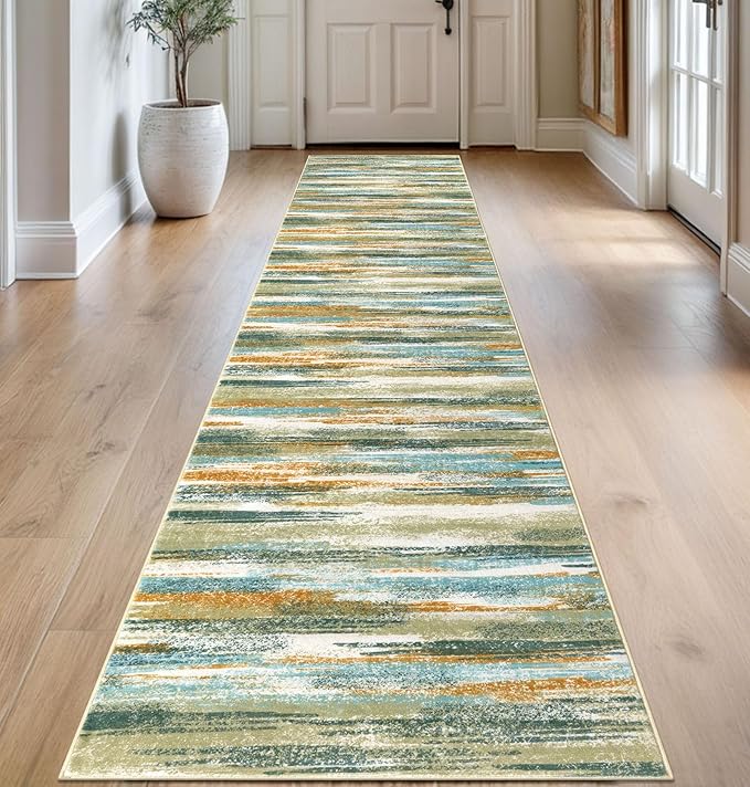 Modern Abstract Runner Rug 2.6x14, Green Mustard Multi Washable Long Kitchen Runner Non-Slip Soft Hallway Rug Runner Thin Print Faux Wool Carpet for Entryway Bedroom Laundry Room Indoor