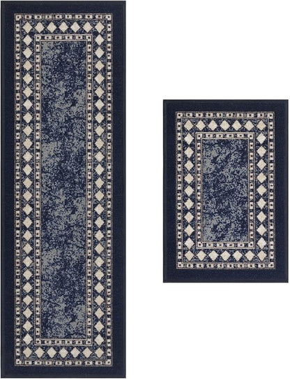 Antep Rugs Alfombras Modern Bordered 2pc Non-Skid (Non-Slip) Low Profile Pile Rubber Backing Indoor Kitchen Runner Rugs (Navy Blue, 2pc Set)