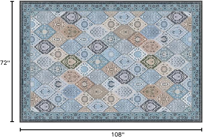 Phantoscope Washable Area Rug 6'x9' Non-Slip, Vintage Boho Rugs for Living Room, Bedroom, Dining Room, Distressed Moroccan Mosaic Diamond Pattern, Low-Pile Foldable Floor Carpet, Blue Teal/Neutral