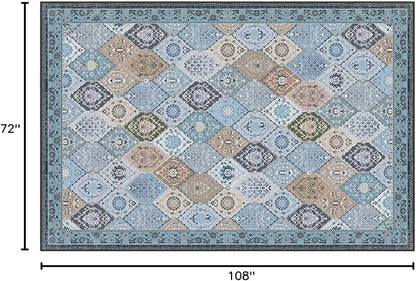 Phantoscope Washable Area Rug 6'x9' Non-Slip, Vintage Boho Rugs for Living Room, Bedroom, Dining Room, Distressed Moroccan Mosaic Diamond Pattern, Low-Pile Foldable Floor Carpet, Blue Teal/Neutral