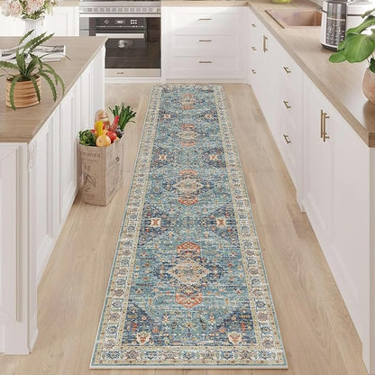 Enkor Runner Rugs for Hallway, 2x10 Washable Soft Non Slip Floor Rugs for Kitchen, Modern Mat for Living Room Bedroom Entryway Green & Blue