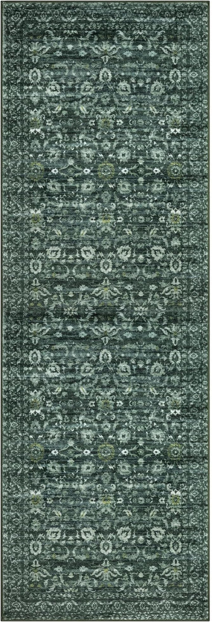 Vintage Floral 2.6x8 Runner Rug, Dark Green Washable Kitchen Runner Rug Non-Slip Hallway Rug Runner Boho Thin Printed Faux Wool Super Soft Carpet for Entryway Bedroom Laundry Room Indoor