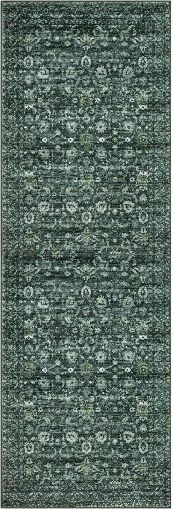 Runner Rug 2.6x18, Dark Green Washable Long Hallway Rug Runner Non-Slip Soft Kitchen Runner Thin Printed Faux Wool Super Soft Carpet for Entryway Bedroom Laundry Room Indoor Home Decor