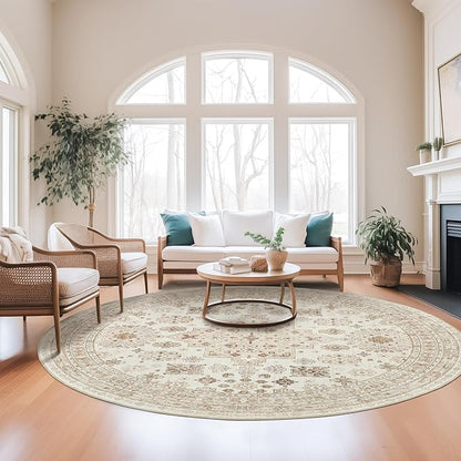 zesthome Washable Round Area Rugs - Non-Slip 6ft Round Rugs, Ultra-Thin Large Circle Rugs for Living Room, Soft Low Pile Rug for Bedroom, Kitchen, Nursery - Vintage Round Rug(Cream/Beige,6'x6')