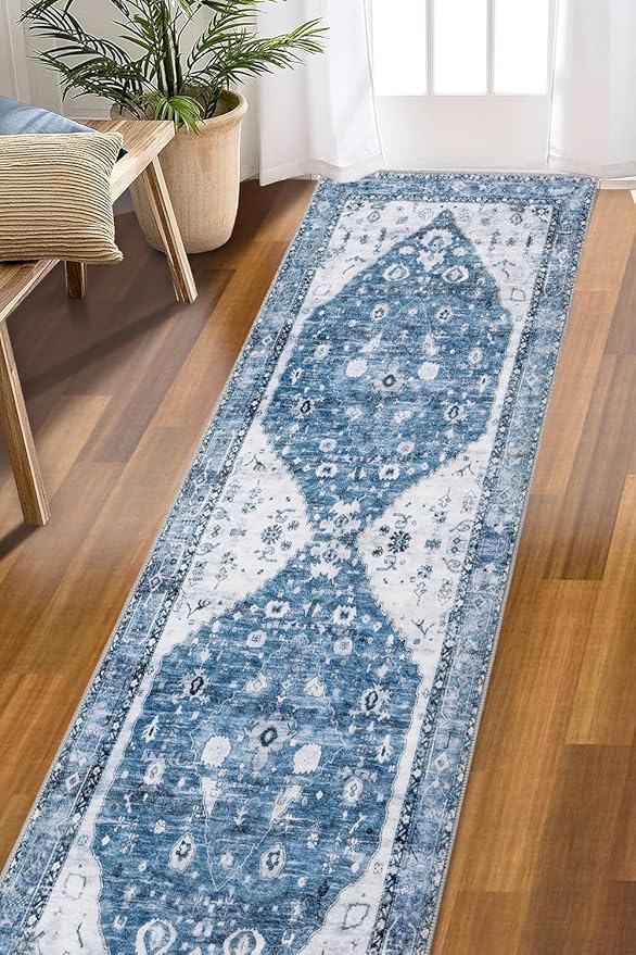 COMSLE Boho Runner Rug, 2' x 8' Washable Area Rugs for Hallway Faux Wool Small Kitchen Distressed Throw Rug Non-Slip Laundry Room Carpet Runner for Entryway Indoor Door Mat Bedroom