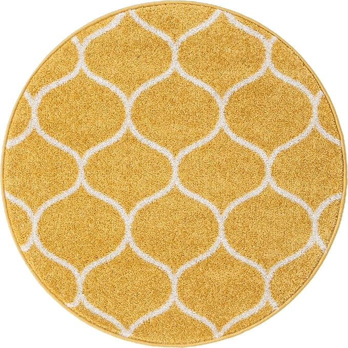 Rugs.com Lattice Frieze Collection Rug – 3' Round Yellow Medium Rug Perfect for Kitchens, Dining Rooms