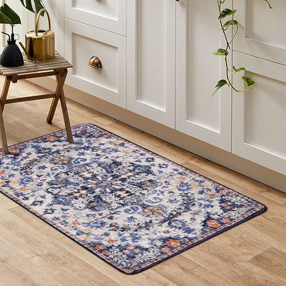 Lahome Bohemian Floral Medallion Area Rug - 2x3 Blue Small Kitchen Rug Machine Washable Front Door Rug, Soft Non Slip Indoor Floor Throw Carept for Bedroom Bathroom Mud Room Entry Way