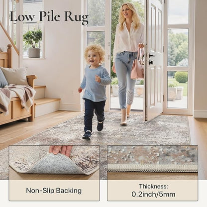 GENIMO Washable 5x7 Area Rugs for Living Room, Non Slip Modern Abstract Rug, Machine Washable Stain Resistant Low Pile Soft Carpet for Bedroom, Dining, Office, Light Grey Brown