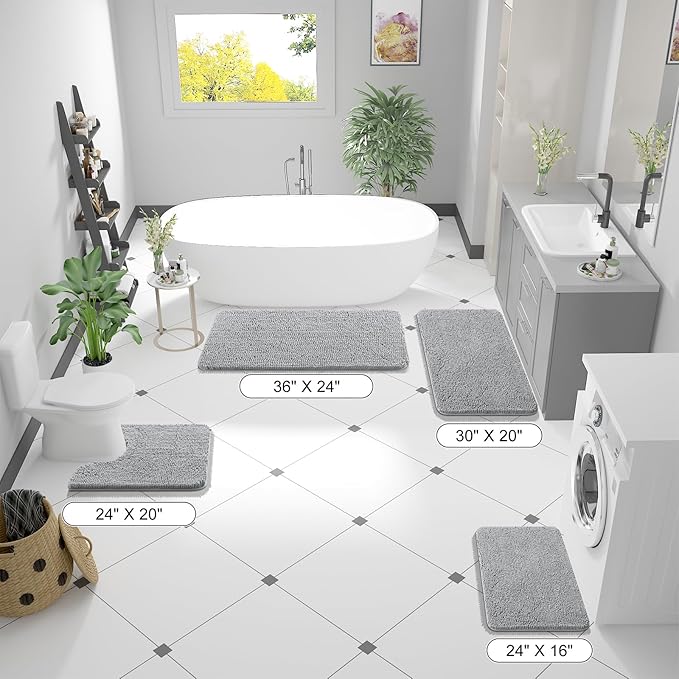 OLANLY Bathroom Rugs 59x20, Extra Soft Absorbent Chenille Bath Rugs, Rubber Backing Quick Dry, Machine Washable Bath Mats for Bathroom Floor, Tub and Shower, Home Decor Accessories, Light Grey