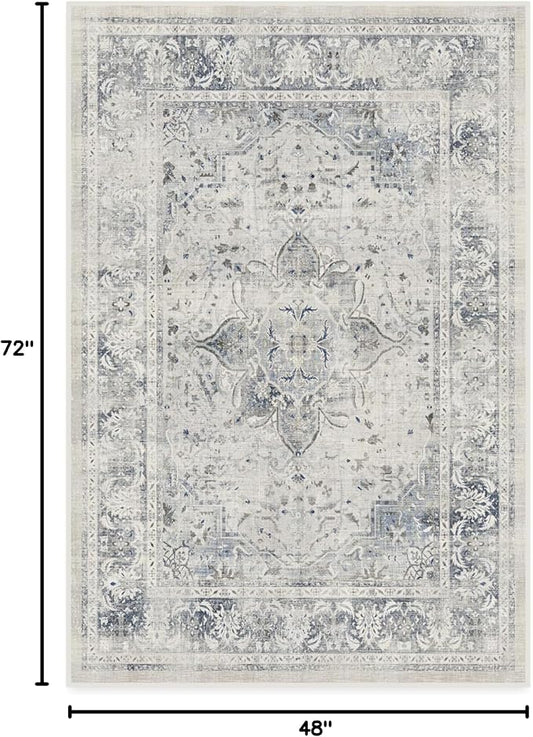 RUGGABLE Washable Vintage Area Rug – Sarrah Blue Quartz 4x6, Stain-Resistant, Non-Slip – Medium Machine Washable Rugs for Living Room, Bedroom, Hallway, Entryway & Office–with Standard Pad