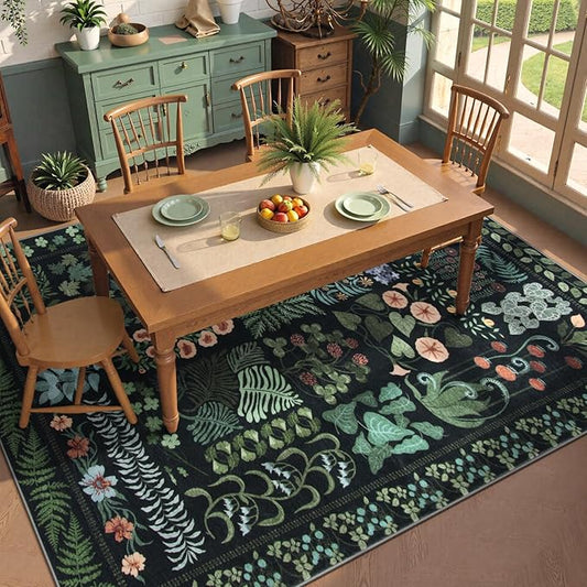 Boho Washable Living Room Bedroom Area Rug 8x10 Under Bed, Floral Large Living Dining Room Area Rugs for Under Table, Non Slip Botanical Indoor Carpet for Home Office Playroom (Black,8 x 10)