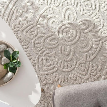Paco Home Modern in- and Outdoor Rug with Carved Oriental Mandala Pattern in Cream, Size: 4' x 5'7"