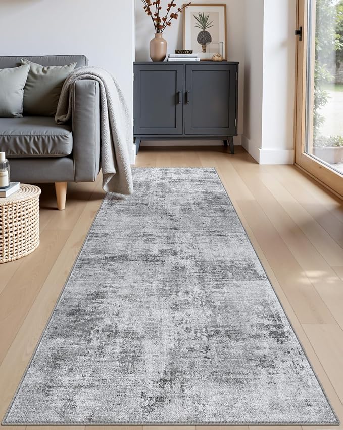 DEXI Hallway Runner Rug 3x8, Modern Abstract Non Slip Thin Soft Runners Carpet, Stain Resistant Washable Indoor Rug for Hallway Entryway Kitchen Laundry Room Living Room, Light Grey