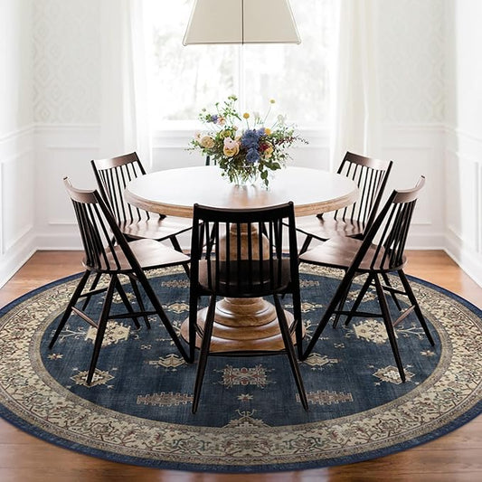 RUGGABLE Washable Vintage Area Rug – Verena Sapphire 8 ft Round, Stain-Resistant, Non-Slip – Large Machine Washable Rugs for Living Room, Bedroom, Hallway, Entryway & Office–with Cushioned Pad
