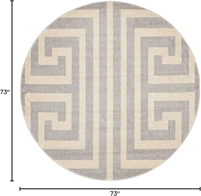 Unique Loom Athens Collection Classic Geometric Modern Border Design Area Rug (6' 0 x 6' 0 Round, Gray/ Beige)