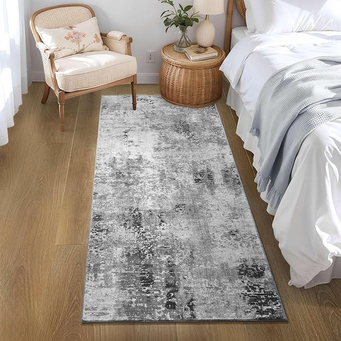 Runner Rug for Hallways Kitchen Runner Rug Non Slip 2'6''x8' Washable Grey Long Runner Rugs with Rubber Backing Soft Abstract Carpet Runner for Entryway, Kitchen, Bedroom, Bathroom