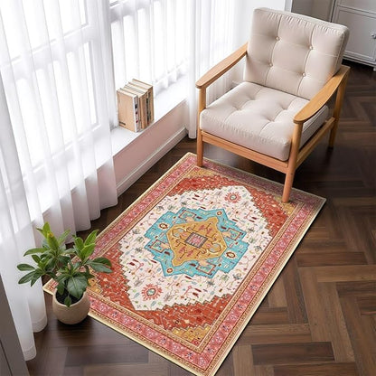 2x3 Orange Pink Small Area Rug for Entryway, Soft Washable Rugs with Non-Slip Backing for Bedroom Kitchen, Vintage Throw Carpet Laundry Entry Front Front Door Decor