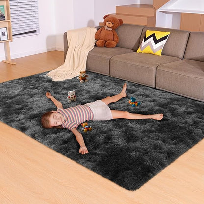 5x7 Area Rugs for Living Room, Fluffy Large Rugs for Bedroom, Soft Shag Fuzzy Non-Slip Carpet for Kids Boys and Girls Nursery Room Dorm Indoor Home Decor (Tie-Dyed Black Grey, 5ft x 7ft)