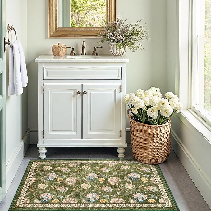 jinchan Elora 3x5 Floral Rug for Entryway Washable Kitchen Rug Vintage Romance Design Small Mat Non Slip Indoor Doormat Lightweight Low-Profile Throw Carpet for Entrance Bathroom Laundry Room, Green