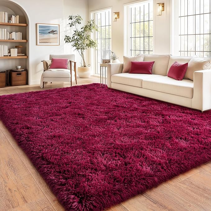 Burgundy Plush Rug for Living Room Fuzzy Carpet for Bedroom Dorm, Non-Slip High Pile Rug, Shag Rug for Playroom Nursery Home Office Decor 5X7 Ft