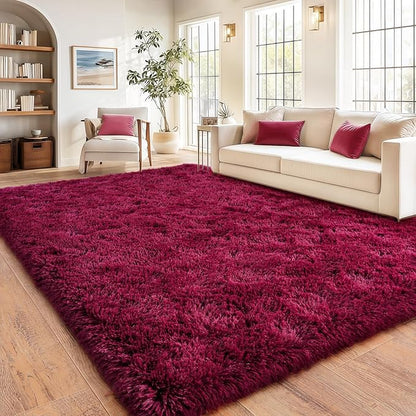 Burgundy Plush Rug for Living Room Fuzzy Carpet for Bedroom Dorm, Non-Slip High Pile Rug, Shag Rug for Playroom Nursery Home Office Decor 5X7 Ft