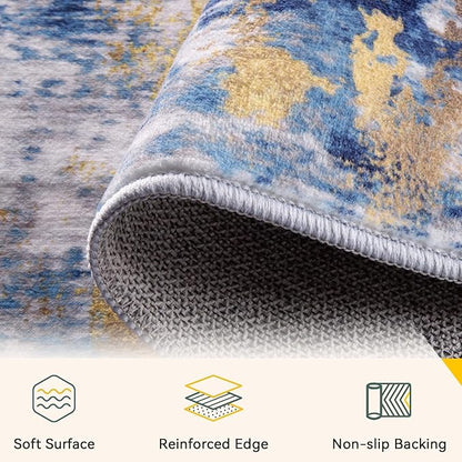 Washable Area Rugs 5'x7' Non-Slip Modern Abstract Soft for Living Room Entryway Bedroom Nursery, Print Pattern, Grey Blue Gold/Golden