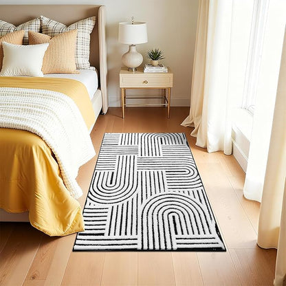SHACOS Soft Cozy Fluffy Arch Pattern High Low Pile Rugs 4'x6' Non Slip Washable Scandinavian Minimalist Rug Modern Geometric Arc Carpet for Living Room Bedroom Dining Room, Black White