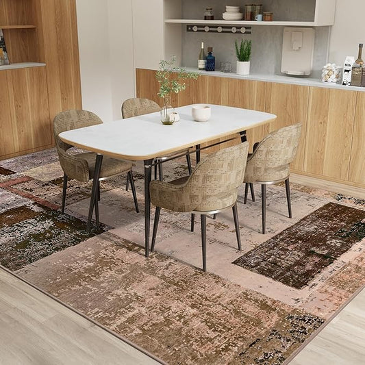 LOCHAS Rug for Living Room, Washable Soft Area Rugs for Bedroom 8x10, Abstract Carpet for Office Kids Dining Room Nursery Floor, Brown Pink Geometric Vintage Home Decor, Non Slip, Pet Child Friendly