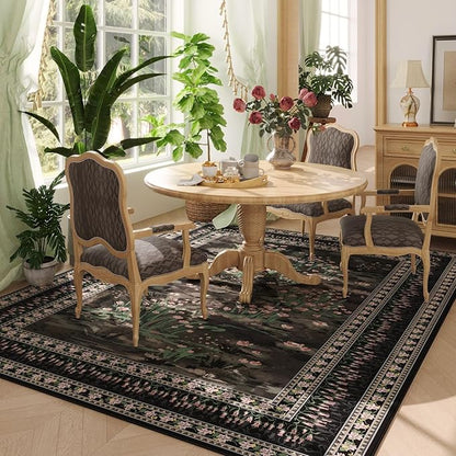 Rugcomf 5x7 Area Rugs Impressionist-Style Vintage Washable Area Rug Non Slip Low Pile Large Rugs for Living Room Bedroom Farmhouse Dining Room Kids Playroom, Black