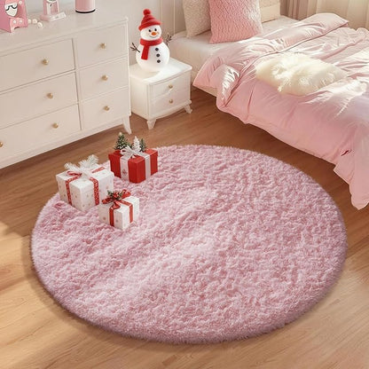 Ophanie Pink Round Rug for Bedroom Girls, Kids Fluffy Kawaii Fuzzy Shag Circle Circular Area Rugs, Cute Plush Christmas Small Carpet 4Ft 4 Foot, for Teen Baby Nursery Home Living Room Decor Aesthetic