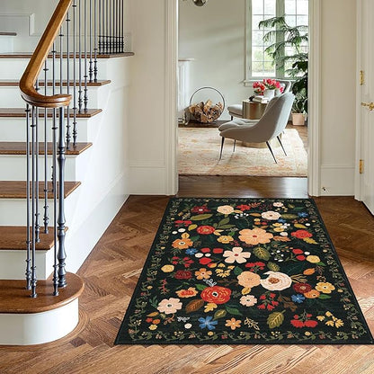 U'Artlines Indoor Door Mat Entrance Rug 2'x3'Soft Non Slip Machine Washable Floral Small Area Rug Carpet for Entryway Kitchen Bathroom Bedroom Black Green