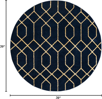 Unique Loom Glam Collection Area Rug - Trellis (3' 3' Round, Navy Blue Gold/ Gold)