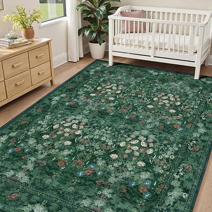 Green Dining Room Rugs for Under Table, Washable Boho Floral 6x9 Area Rug for Living Room, Bedroom, Nursery, Home Office - Vintage Distressed Low Pile Non Slip Carpet, French Country Art Deco Mat