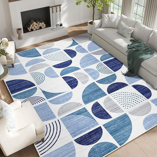 MUJOO Washable Rugs 9x12,Blue Large Area Rugs for Living Room Bedroom Dining Room,Boho Throw Floor Carpet Non Slip Soft Modern Abstract Navy Blue
