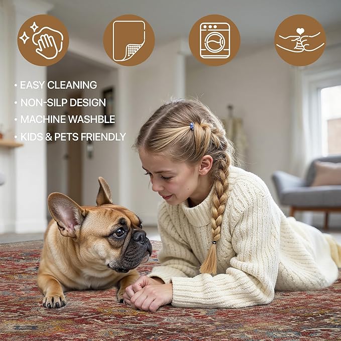 8x10 Area Rug Machine Washable Boho Rug for Living Room,Ultra-Thin Low Pile Carpet,Lightweight Indoor Printed Rug,Non Slip Floral Area Rug for Bedroom, Dining Room, Home Office,Burgundy Red