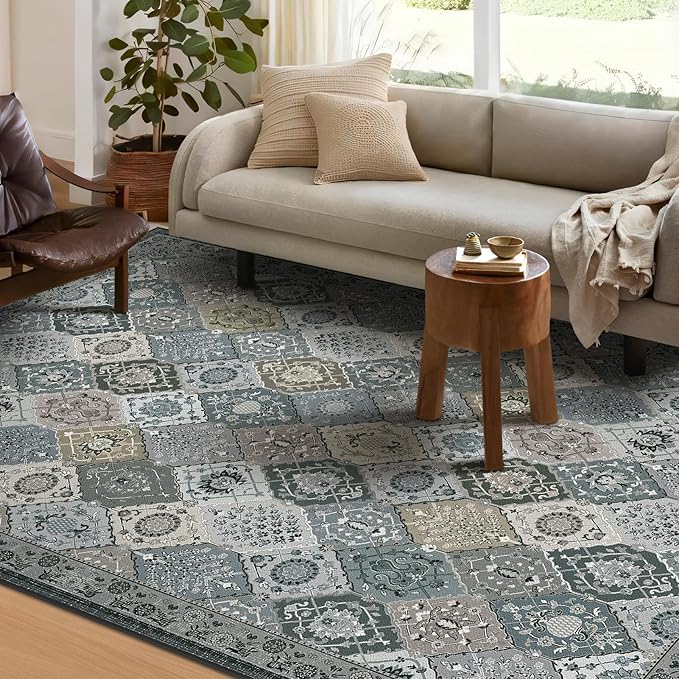 Phantoscope Washable Area Rug 9'x12' Non-Slip, Vintage Boho Rugs for Living Room, Bedroom, Dining Room, Distressed Moroccan Mosaic Diamond Pattern, Low-Pile Foldable Floor Carpet, Grey Charcoal