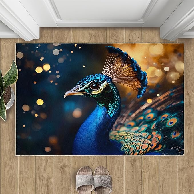 Peacock Area Rug 2x3-2x3 Rug, Wonderful Peacock Rugs for Living Room, Teal Turquoise Carpet, Peafowl Feather Washable Area Rugs for Bedroom, Aesthetics Carpet - Peafowl Home Decor & Gifts
