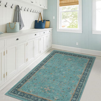 Teal 3x6 Wide Non Slip Kitchen Rug - Washable Front Door Runner Indoor Entrance, Vintage Floral Pattern Indoor Decor, Non Slip Soft Low Pile Fade Resistant