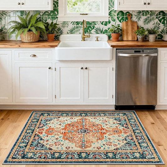 U'Artlines 2x3 Washable Boho Area Rug, Small Non Slip Vintage Doormat for Indoor Front Door Ultra Thin Mat Carpet for Entryway Kitchen Bathroom Bedroom Orange/Multi