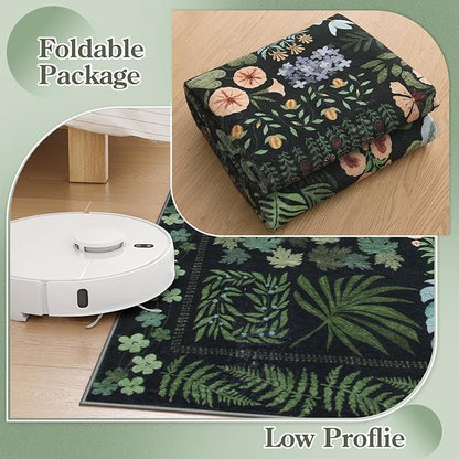 Floral Boho 3x5 Black Bathroom Entryway Kitchen Rug Non Slip Washable, Botanical Flower Area Rugs for Bedroom, Soft Modern Indoor Throw Carpet for Laundry Living Room Entrance (Black,3 x 5)