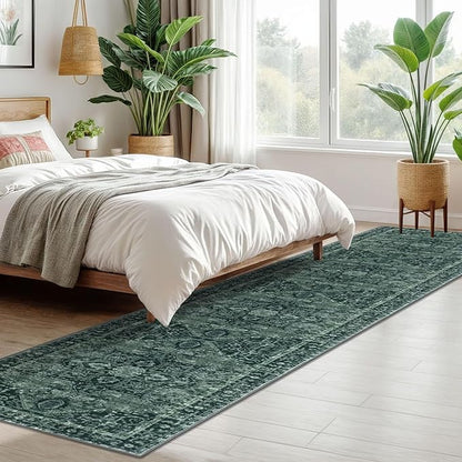 KOZYFLY Long Runners for Hallways 2x10 Ft Washable Kitchen Runner Rug Boho Style Entryway Rug Indoor Printed Faux Wool Stair Runner Carpet for Stairs Bedroom Kitchen Hall, Dark Green