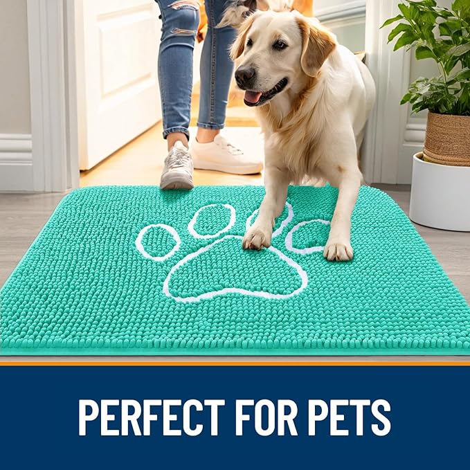 OLANLY Dog Door Mat for Muddy Paws 24x16, Paw Print Design, Absorbs Moisture and Dirt, Absorbent Non-Slip Washable Doormat, Quick Dry Chenille Mud Mat for Dogs, Entry Indoor Entryway Carpet, Teal