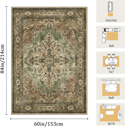 5x7 Machine Washable Area Rug for Living Room, Brown Green Boho Vintage Floral Rug Large Non-Slip Low Pile Soft Faux Wool Carpet, Kids and Pets Friendly for Bedroom Dining Room Farmhouse Decor Rug