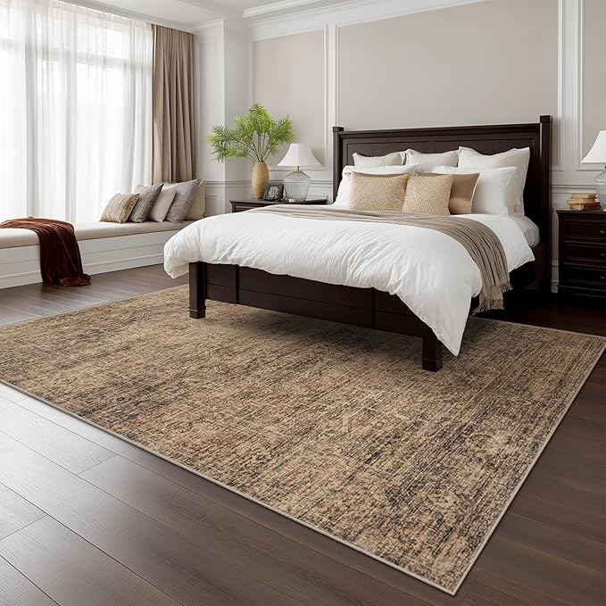 FMFUNCTEX 8x10 Washable Area Rug Rust Brown Vintage Neutral Distressed Oriental Large Non Slip Carpet for Living Room Bedroom Soft Low Pile Indoor Mat Retro Rug for Dining Room Kitchen Office Nursery
